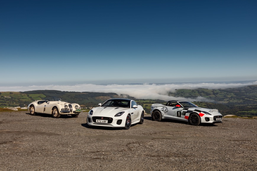 The Alpine Rally-winning XK 120 with F-Type descendants. (Courtesy Jaguar)